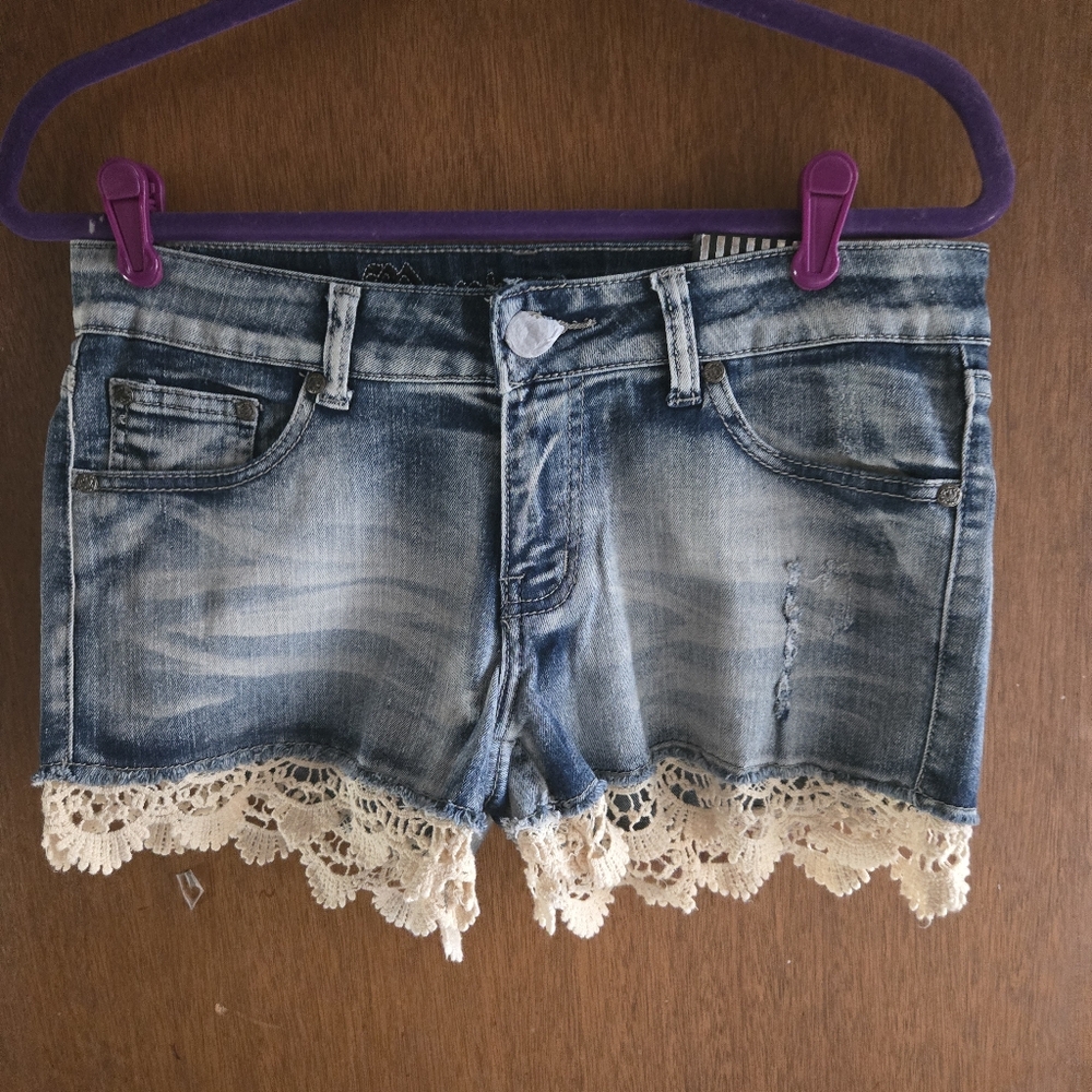 Juniors Blue Denim Shorts with Crochet Trim